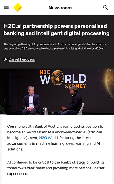 CBA newsroom article "H2Oai.cc partnership powers personalised banking and intelligent digital processing"